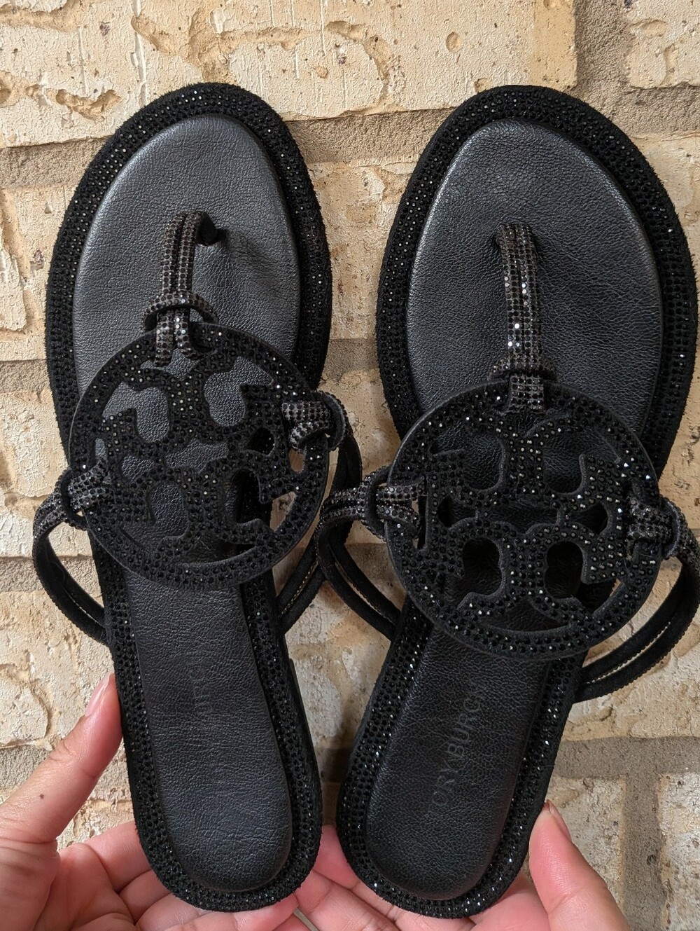 Tory Burch Black Crystal-Embellished Logo Thong Sandals
